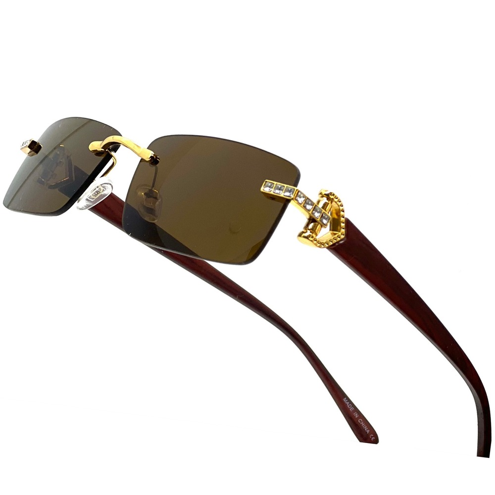 Rimless Sunglasses Gold Accents Rhinestones Wood Grain Arms Men Small Brown Lens